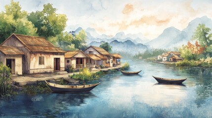 Obraz premium A watercolor painting of a serene village scene with houses along a river, boats floating on the water, and mountains in the background.