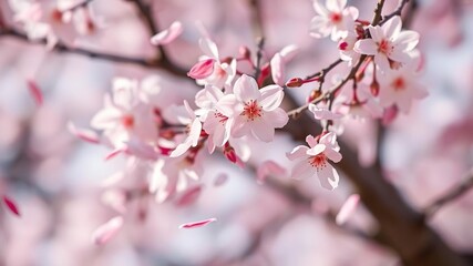 Soft pink sakura petals scattered in breeze, blossom flowers, natural elements