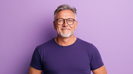 Smiling man with gray hair and glasses wearing purple shirt against purple background, exuding confidence and warmth