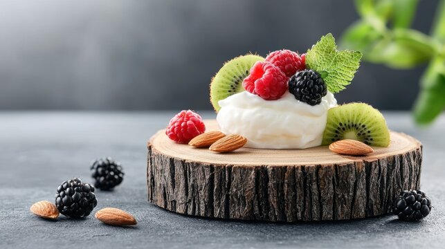 A rustic wooden board with a dollop of yogurt, surrounded by scattered berries, sliced kiwi, and chopped almonds, offering a customizable and healthy snack option.