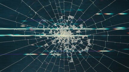Fototapeta premium Shattered glass texture. Broken glass radiating outwards, symbolizes destruction, fragility, and vulnerability. Dark teal background.