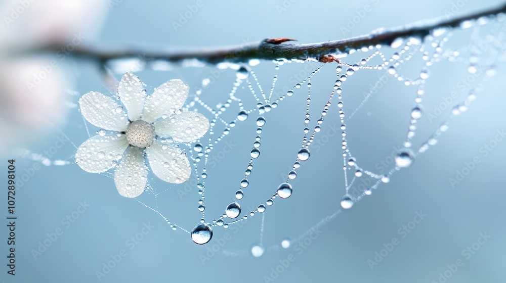 Wall mural a close up macro shot of a spider web with water droplets clinging to the silken threads, showcasing