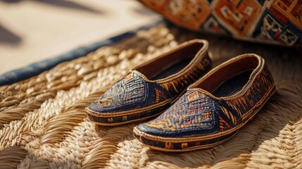 Colorful Traditional Handcrafted Shoes on Woven Mat