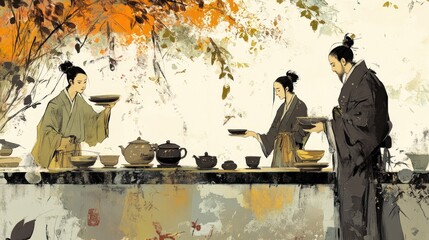 Three people in traditional Japanese clothing serve tea at a table with teapots and cups.
