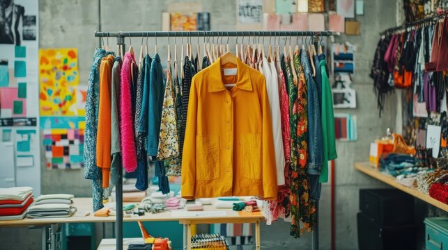 Clothing rack full of stylish outfits in a designer studio mood board and colorful fabric samples in the background creative atmosphere