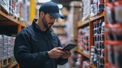 E-commerce warehouse worker using a handheld device to track inventory levels and manage orders efficient stock management for online retail logistics
