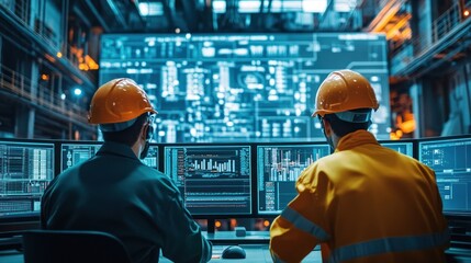 Engineers in a control room monitoring energy output from a power station high-tech screens displaying graphs and data advanced energy management