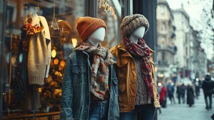 High-fashion boutique storefront mannequins dressed in seasonal outfits elegant window display attracting shoppers busy street outside