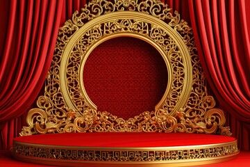 3d Chinese red podium stage with golden ornament arch and gold lattice. Realistic vector pedestal with curtains, round ornate arc adorned with intricate patterns. with generative ai