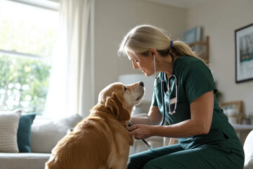 Naklejka na ściany i meble A veterinarian in green scrubs gently examines golden retriever, showcasing caring bond between them. warm atmosphere highlights importance of pet care and compassion