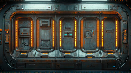 Obraz premium Futuristic sci-fi corridor with illuminated panels, industrial design, and high-tech details, perfect for backgrounds