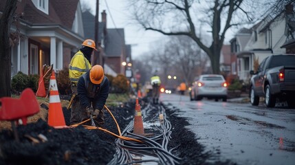Technicians installing internet cables in a suburban neighborhood ensuring fast broadband connection fiber optics rolled out for high-speed internet