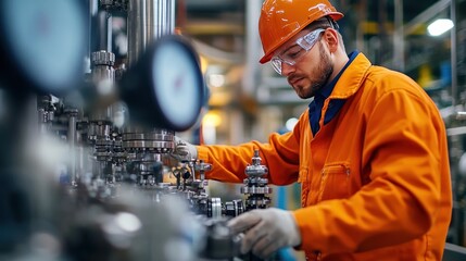 Workers at an oil refinery controlling machinery and checking gauges industrial setting with pipes and tanks high-tech control room in the background