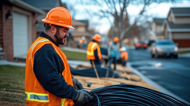 Technicians installing internet cables in a suburban neighborhood ensuring fast broadband connection fiber optics rolled out for high-speed internet