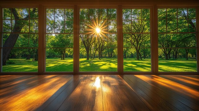 Fototapeta Sunlight streams through windows onto wood floor. This image can be used to represent peace, tranquility, or a sense of home.