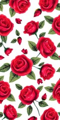 Seamless pattern of red roses with green leaves on a white background, background, seamless