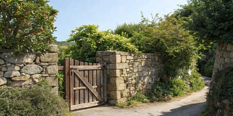 Stone wall with a wooden gate and foliage, foliage, greenery