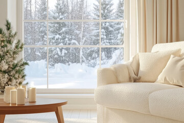Cozy winter scene featuring white sofa, candles, and Christmas tree by snowy window. serene atmosphere evokes warmth and comfort during cold season