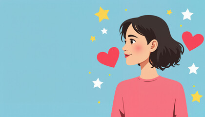Side profile of a happy young woman surrounded by stars and hearts, representing love and positivity, mental self-care theme, copy space