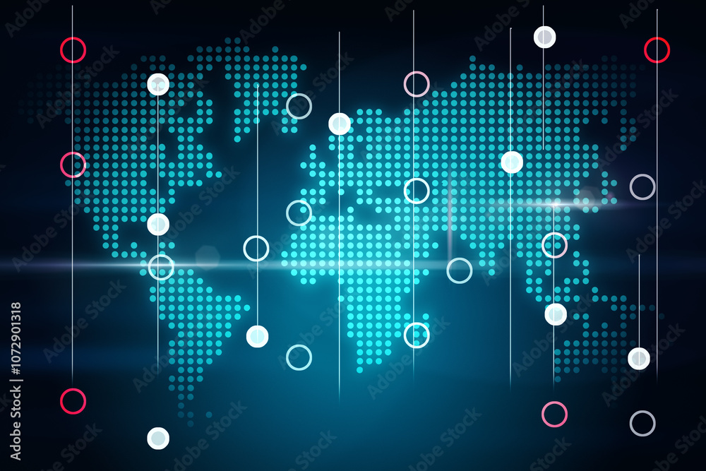 Poster Big data and innovation concept with dotted world map scheme with digital red and white circles on dark background. 3D rendering