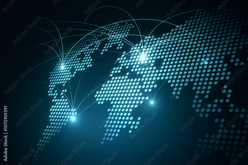 Aufkleber Global information exchange concept with perspective view on with bright spots connected by lines on digital dotted glowing world map on abstract dark background. 3D rendering