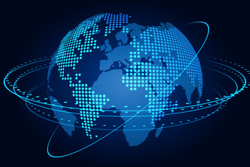 Telecommunication concept with digital graphic world globe surrounded by satellite circles on dark background. 3D rendering