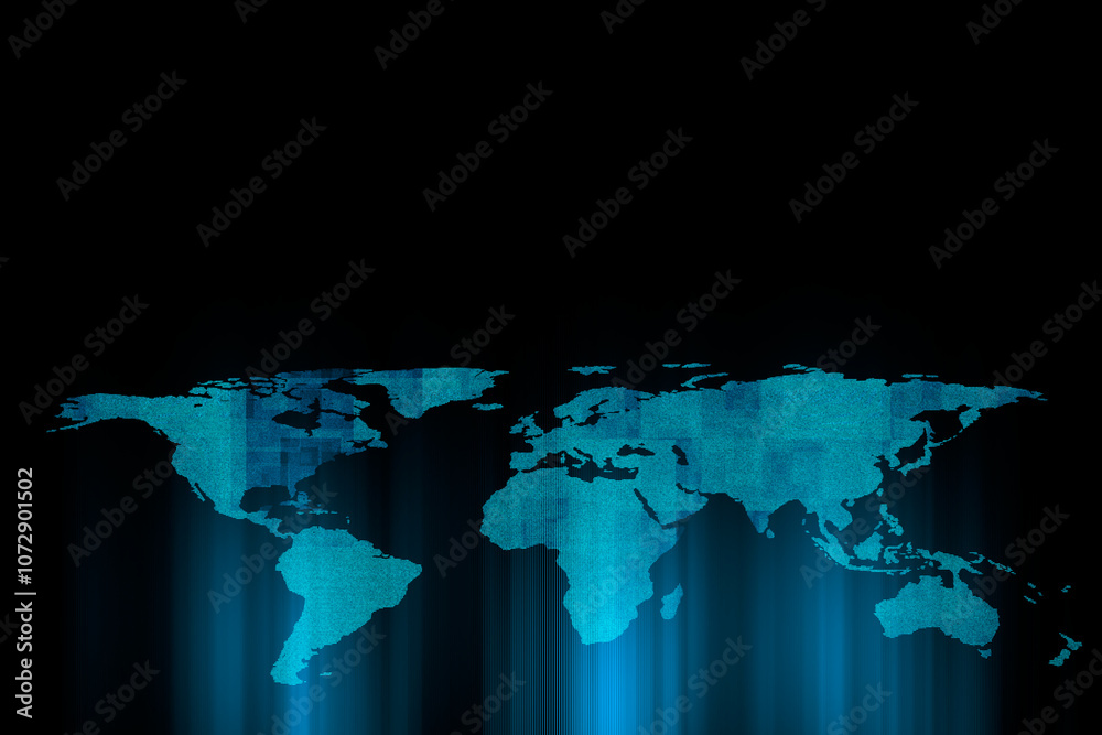 Poster Global Internet and technologies concept with sunlit rays from world map on abstract dark background. 3D rendering