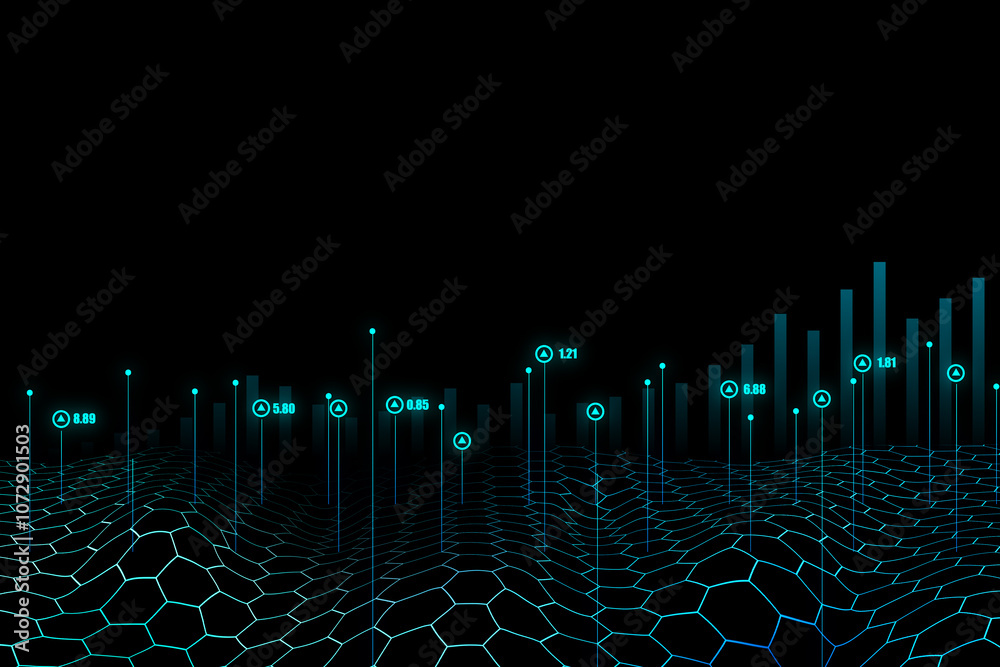 Poster Big data and network connection concept with bright blue digital number indicators above hexagon wave on abstract dark background. 3D rendering