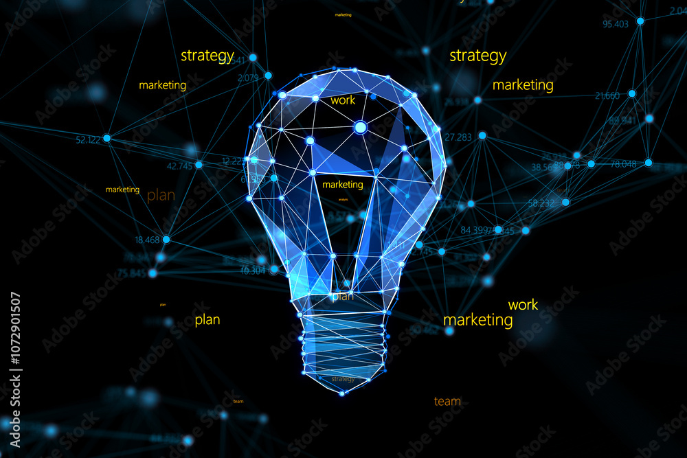 Poster Strategy, marketing and creative idea concept with digital glowing hexagonal form light bulb among workflow steps signs on abstract dark background. 3D rendering