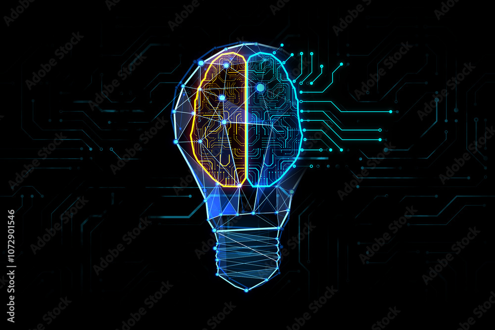Poster Creative idea and artificial intelligence concept with digital micro circuit in form of human brain inside blue light bulb on abstract dark background. 3D rendering