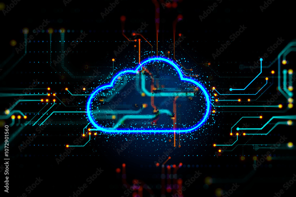 Poster Data storage and cloud computing concept with digital glowing blue cloud symbol with microcircuit on dark background. 3D rendering