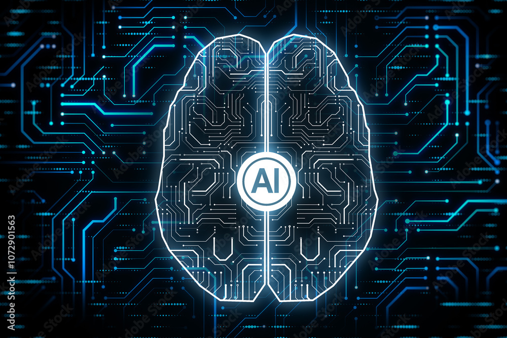 Aufkleber Artificial intelligence and technology concept with AI sign in the center of human brain silhouette top view on dark circuit background. 3D rendering
