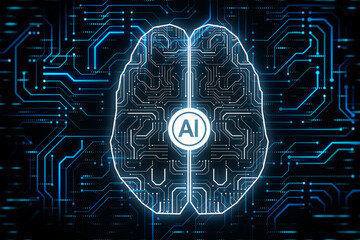 Artificial intelligence and technology concept with AI sign in the center of human brain silhouette top view on dark circuit background. 3D rendering