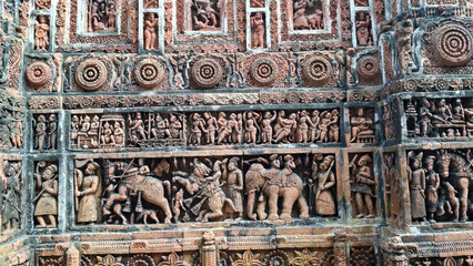 Popular terracotta art portraying hindu mythological stories on Kantajew temple in Bangladesh.Commonly known as Kantaji Temple,is a late-medieval Hindu temple.