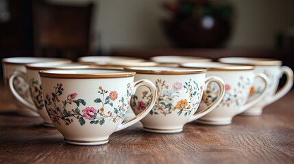 Fototapeta premium Elegant Floral Teacups on Rustic Wooden Table
