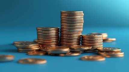 Stacks of Cash and Floating Coins on Blue Background - 3D Rendering of Money Saving Concept