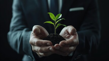 A businessman holds a small plant in his hands, symbolizing growth, sustainability, and environmental responsibility.
