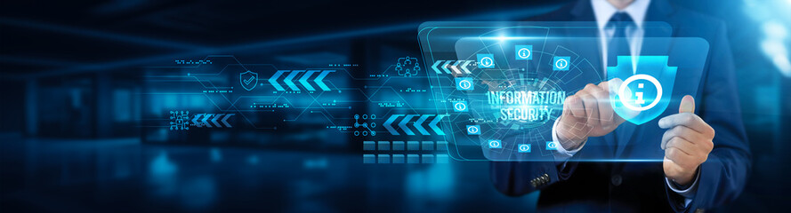 Businessman touching interface and ensuring information security, protecting sensitive data, preventing unauthorized access, maintaining confidentiality, integrity, and availability concept.