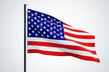 Flag of the United States of America country waving in the wind with copyspace for your logo or text isolated on light grey background, USA concept. 3D rendering