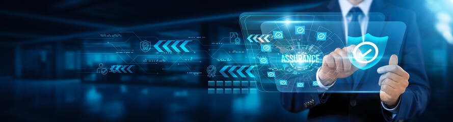 Businessman touching interface and providing quality assurance, ensuring process reliability, guaranteeing customer satisfaction, maintaining performance consistency, enhancing operational assurance.