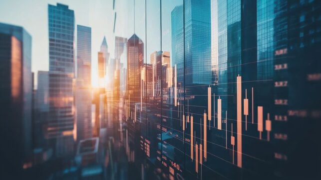 A captivating view of a city skyline with modern buildings and a sunset, featuring stock market data overlays for financial themes.
