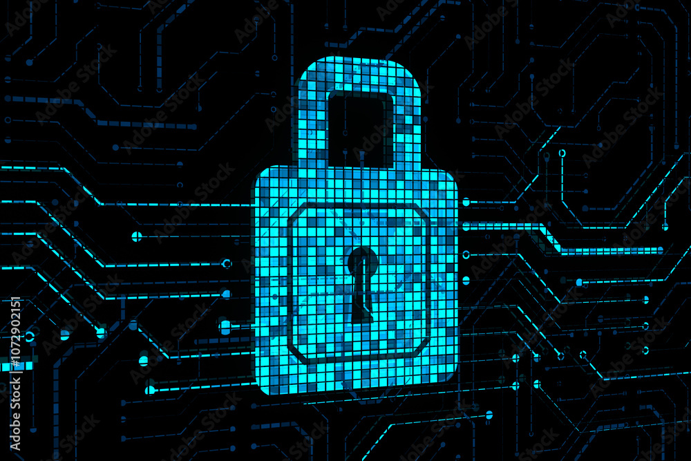 Poster Personal information protection and cyber security concept with perspective view on digital closed padlock with key hole on abstract dark technological background with circuit. 3D rendering