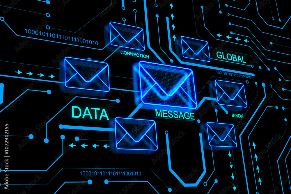 Aufkleber Mail, letter, email and social network concept with perspective view on digital blue glowing envelope symbols and communication words on dark circuit background. 3D rendering