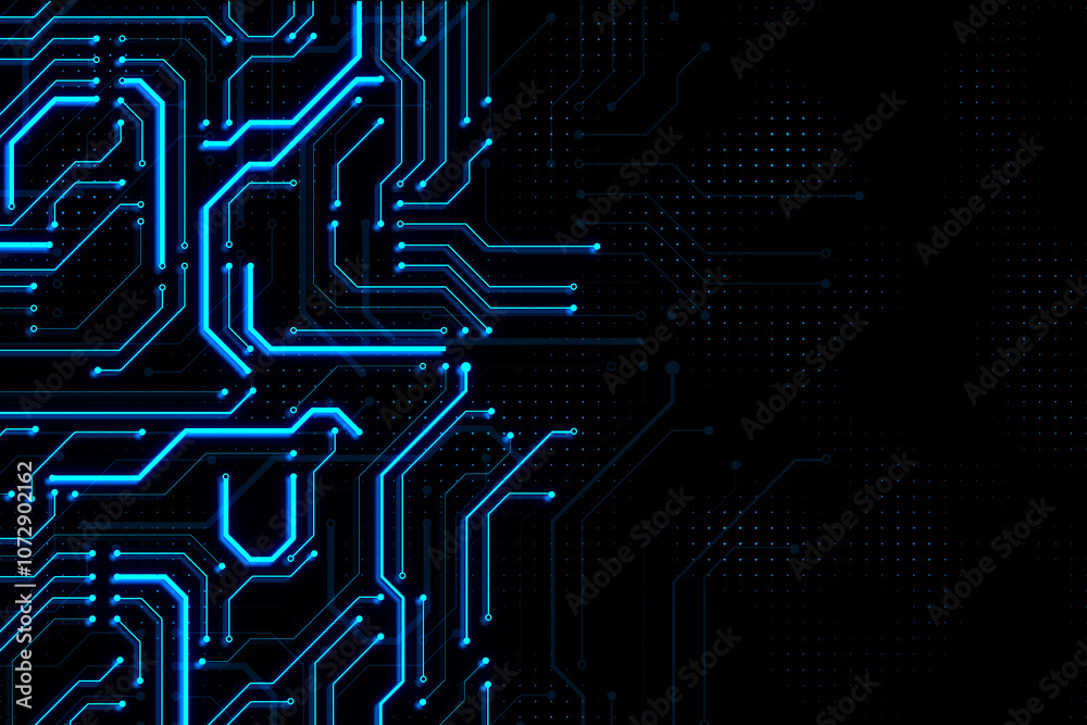 Poster abstract dark technological background with bright digital circuit fragment and place for advertisin