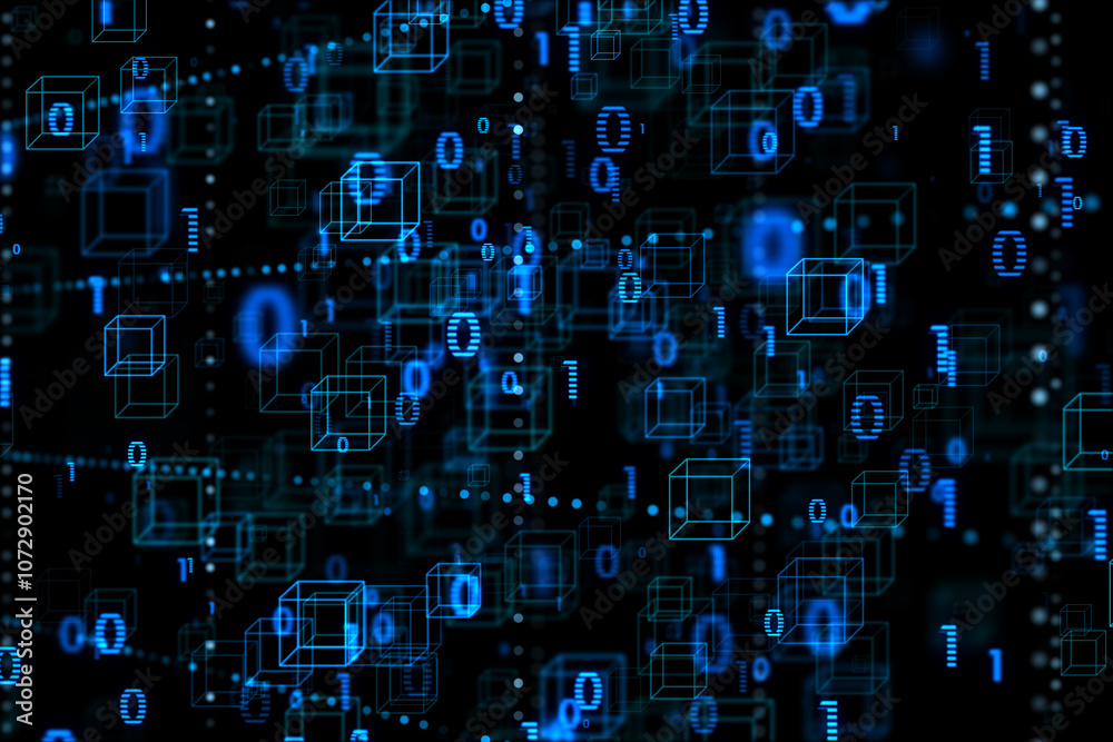 Leinwandbilder Abstract futuristic cyberspace with binary code, matrix background with digits and cubes. 3D rendering