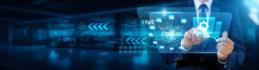 IT consulting. Businessman touching interface and IT consulting, digital transformation, business...