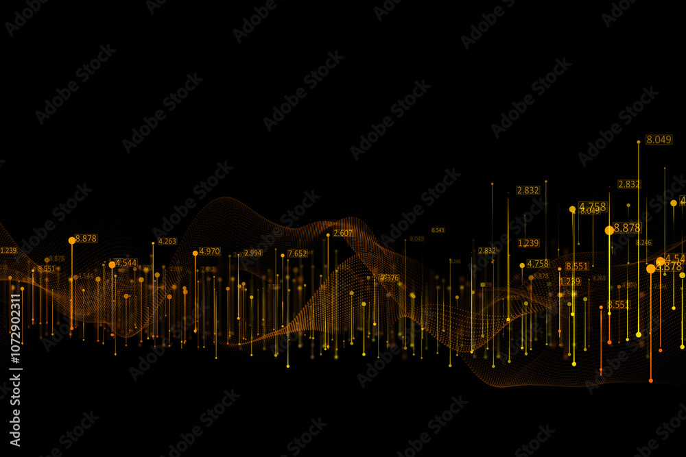 Leinwandbilder Stats and tech concept with digital abstract network connection wave and vertical lines releasing binary codes on dark background. 3D rendering