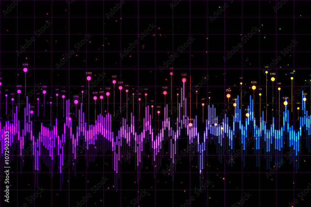 Aufkleber Statistics and market data concept with front view on purple and blue digital graphs with binary code numbers above on dark background. 3D rendering