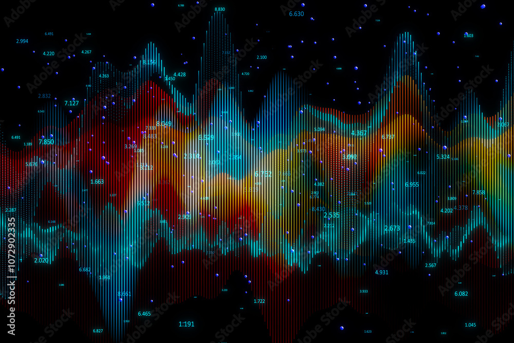 Leinwandbilder Front view on colorful digital wavy graphs made of vertical lines and binary code numbers on dark technological background, stats data concept. 3D rendering