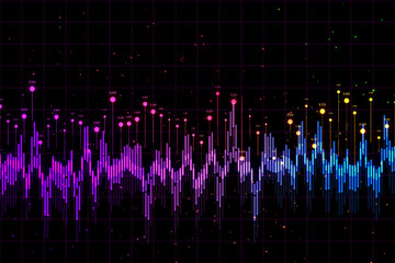 Statistics and market data concept with front view on purple and blue digital graphs with binary code numbers above on dark background. 3D rendering